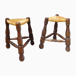 Primitive French Tripod Stool with Absence Braid, 1950s, Set of 2