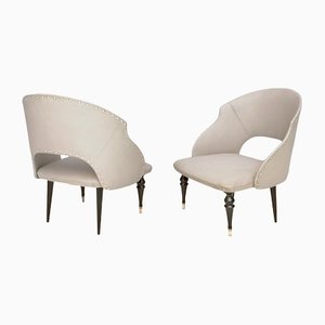 Mid-Century Italian Ebonized Wood and Gray Skai Lounge Chairs, Set of 2