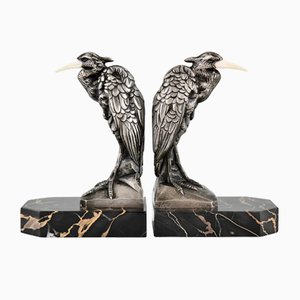 Art Deco Bronze Heron Buchstützen von Manin, 2er Set