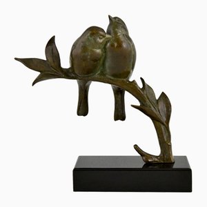 Art Deco Bronze Skulptur mit zwei Vögeln auf einem Ast von Becquerel