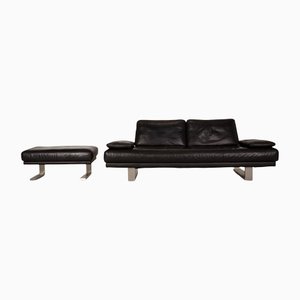 Black Leather 6600 Sofa Set with Footstool by Rolf Benz, Set of 2