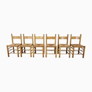Vintage Brutalist Oak and Wicker Dining Chairs, 1960s, Set of 6