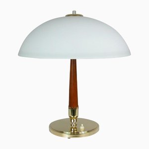 Mid-Century Swedish Teak, Brass and Frosted Glass Table Lamp from Böhlmarks, 1950s