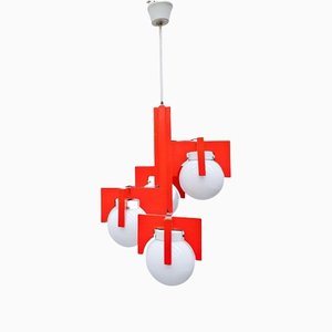 Mid-Century Italian Red Lacquered Wood and Opaline Suspension Light, 1970s