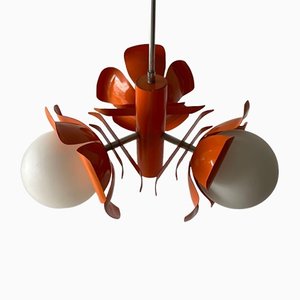 Space Age Italian Orange Flower Design with Metal Body & 3 Ball Glasses Ceiling Lamp, 1970s
