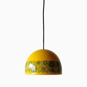 Danish Yellow Enamel Flower Design Kitchen Pendant Lamp by Kaj Frank Raija Uosikkinen for Fog & Morup, 1970s