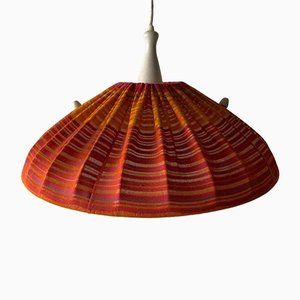 Large Retro Fabric Shade & Wood Pendant Lamp from Temde, Germany, 1960s
