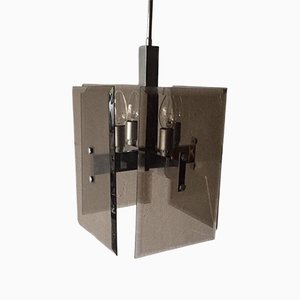 Smoked Cut Glass & Chrome Body Ceiling Light from Veca, Italy, 1970s