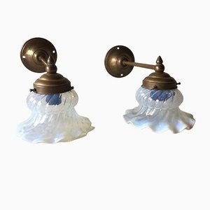 French Brass & Blue Flower Glass Sconces, 1950s, Set of 2