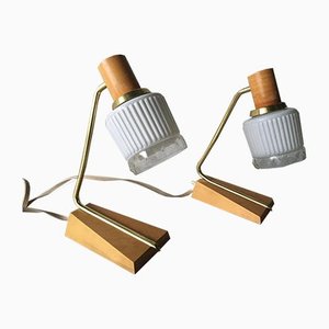 Lámparas de mesita de noche de latón y madera, años 50. Juego de 2