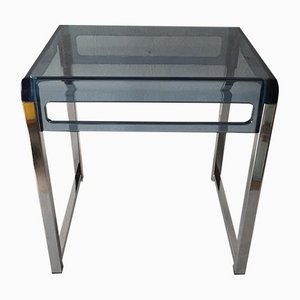 Mesa auxiliar minimalista de vidrio acrílico azul transparente y metal