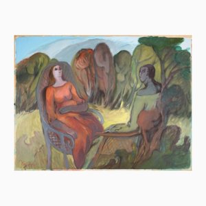 Jan Van Evelinge, Escena de jardín surrealista de dos mujeres en un campo, acrílico sobre papel