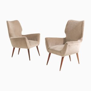 Beige Velvet & Wood Armchairs, 1950s, Set of 2
