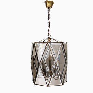 Mid-Century Handmade Octagonal Glass & Brass Pendant Lantern, Italy