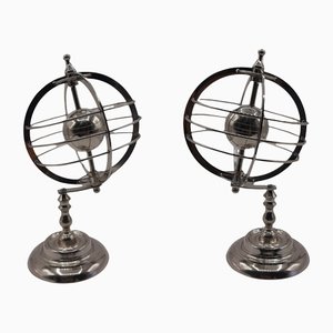 Globe Terrestre Rotatif en Métal Laqué Argent, Set de 2