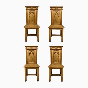 Gothic English Oak Hall Chairs, Set of 4