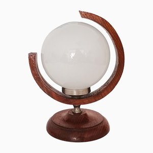 Mid-Century Space Age White Opaline Glass & Wood Table Lamp, 1960s