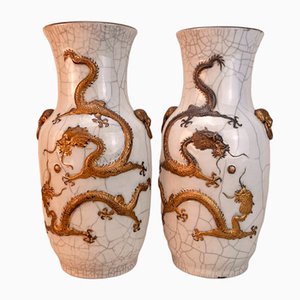 19th Century Chinese Gilt Gold Crackleware Dragon Vases, Set of 2