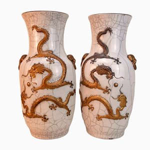 19th Century Chinese Gilt Gold Crackleware Dragon Vases, Set of 2