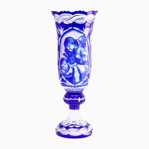 Very Large 20th Century Bohemian Cobalt Overlay Cut-Crystal Vase