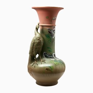 Grand Vase Art Nouveau avec Paon Sculpté et Coquelicots