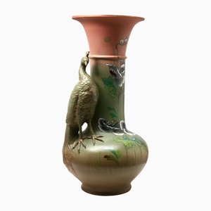 Large Art Nouveau Vase with a Sculpted Peacock and Opium Poppies