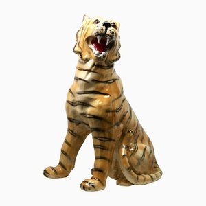 Large Vintage Italian Ceramic Sitting Tiger Statue