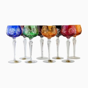 Crystal Mix Stem Glasses with Colored Overlay Cut to Clear by F.kisslinger, Set of 8