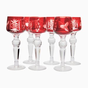Crystal Lausitzer Stem Glasses Shot with Colored Overlay Cut to Clear, Set of Six
