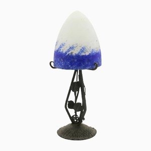 Art Nouveau French Lamp in Wrought Iron with Colored Glass Shades