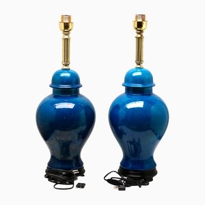 Large Chinese Turquoise Glazed Ceramic Table Lamp with Crackle Glaze, Set of 2