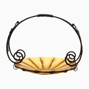 Art Deco Pressed Gateau Glass Dish with Handle/Carrier in Wrought Iron