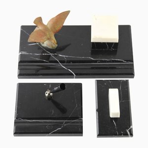 Art Deco Belgian Black Marble Desk Set with Bronze Bird, Set of 3