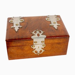 Arts & Crafts Solid Oak Box with Decorative Metal Work, 1890s