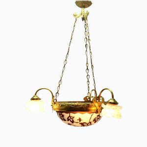 Chandelier with Large Central Glass Dome of Cameo Cast Brass & Three Arms