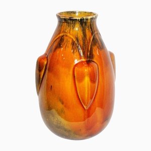 Art Deco French Ceramic Vase in Deep Orange, 1930s