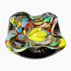 Murano Art Glass Bowl with Black Shell, Metals and Bright Colors Attributed to Avem