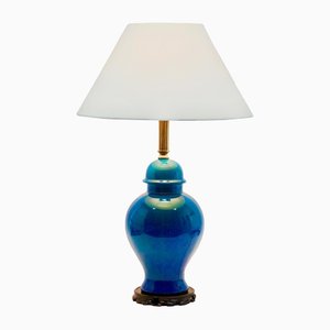 Large Chinese Glazed Turquoise Ceramic Table Lamp with Crackle Glaze