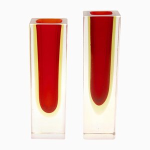 Murano Glass Block Vases with Red Core and Diffused Amber by Flavio Poli, Set of 2