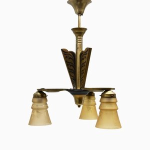 Art Deco Brass Chandelier with Three Arms & Glass Lampshades