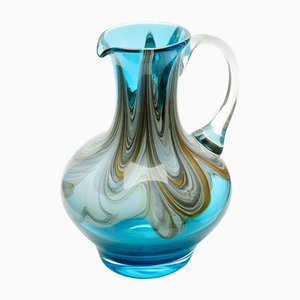 Hand Blown Art Glass Pitcher with Agate-Colored Swirls & Handle