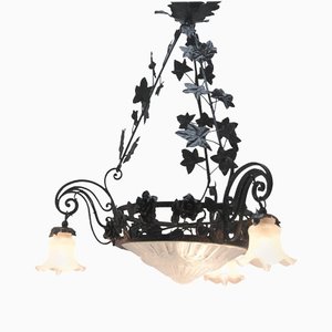 Art Nouveau Forged Metal Floral Chandelier from Luneville, 1930s