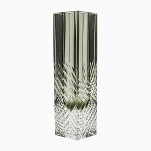 Handcut Murano Glass Block Vase in Smokey Anthracite with Diagonal Lines by Flavio Poli