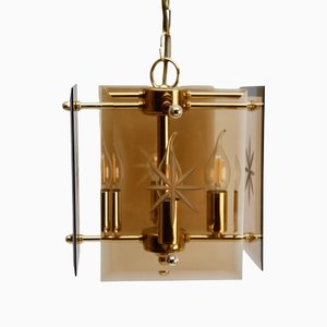 Plafonnier Cuboïde avec 4 Lampes Derrière des Panneaux en Verre Bronzé