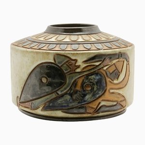 Enameled Stoneware Cylindrical Vase with Engraved Rotating Design by A. Dubois for Bouffioulx,