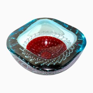 Large Red and Blue Controlled Bubble Murano Glass Bowl by Galliano Ferro