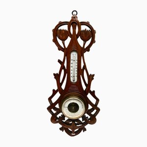 French Carved Oakwood Barometer with Thermometer by De Lambert, 1910s