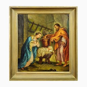 Mary and Joseph in the Barn of Bethlehem, Oil on Canvas, Framed