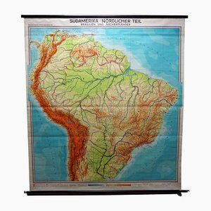 Póster vintage con mapa enrollable de Sudamérica, Brasilia y los estados vecinos
