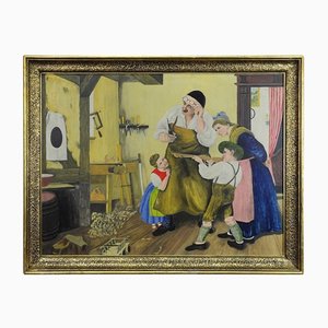W. Melchinger, scena folkloristica bavarese in falegnameria, olio su cartone